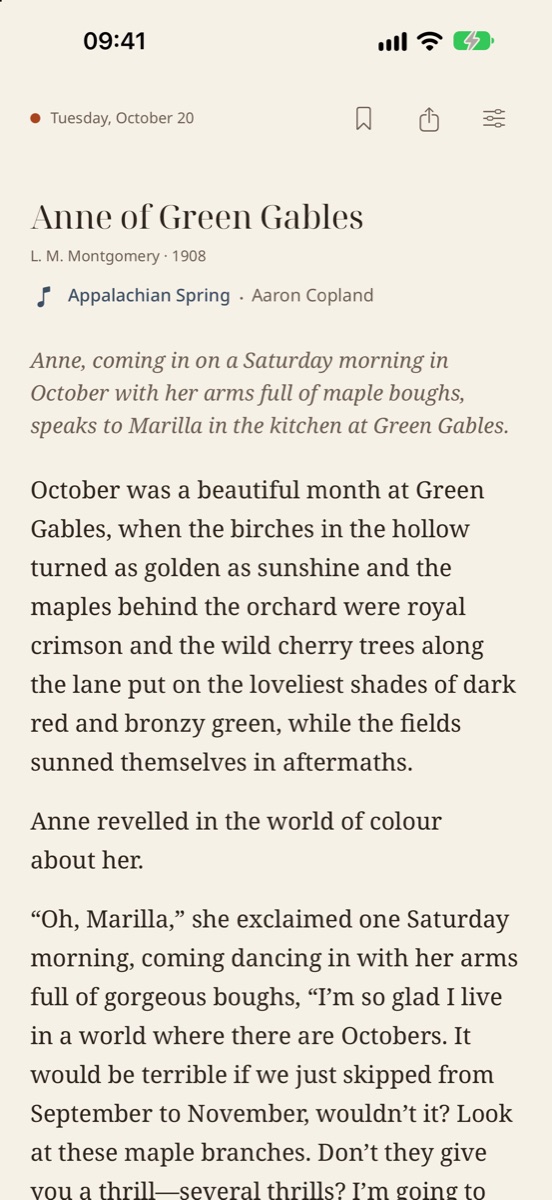 Passage on iPhone: the day's passage from Anne of Green Gables, with the scene above it.